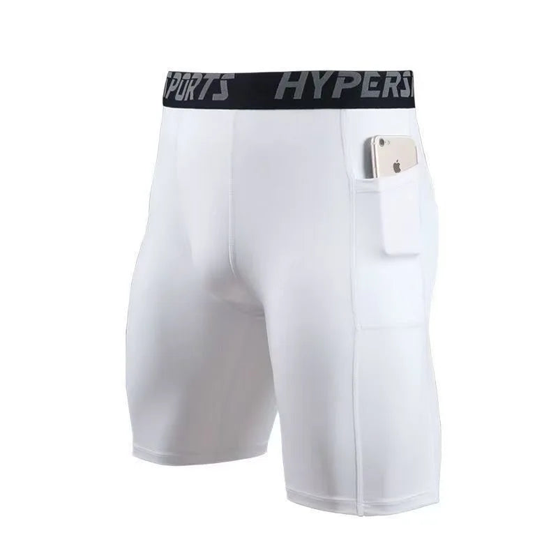 Mens Gym Shorts with Pockets Workout Compression Leggings for Men Polyester Boxer Briefs Running Basketball Athletic Tights