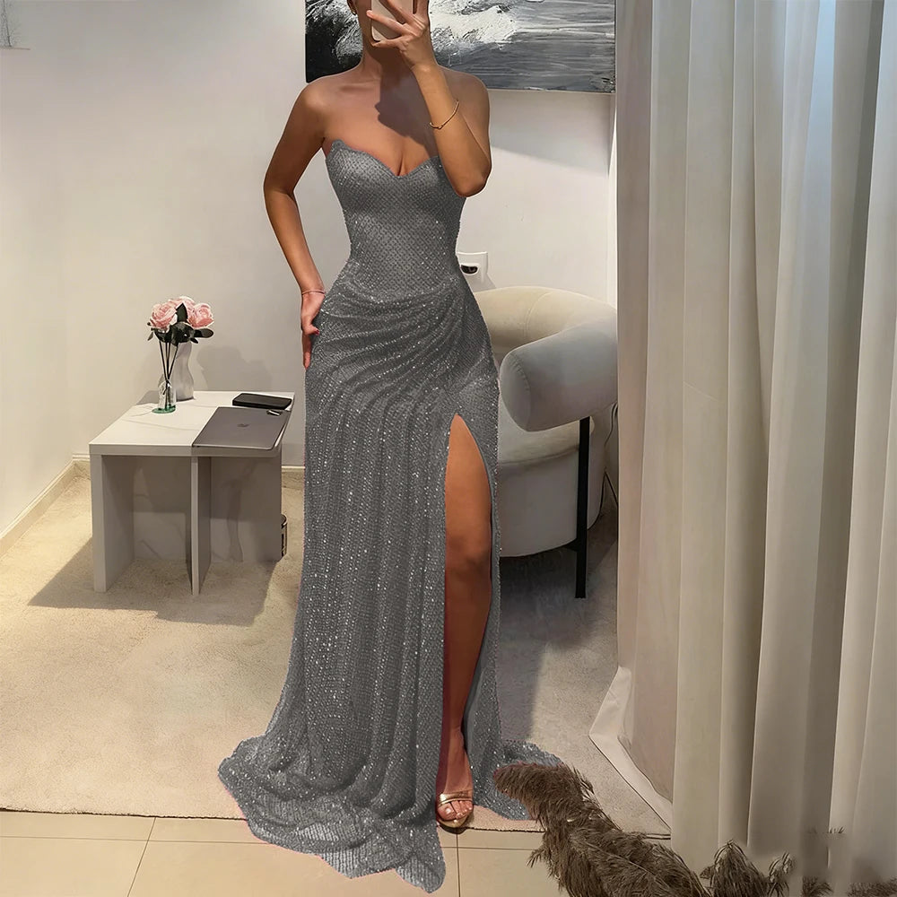 Exquisite Evening Dresses Women Vent Strapless Sleeveless High Quality Floor Lengh Prom Party Female Gowns Sweep Train Classic