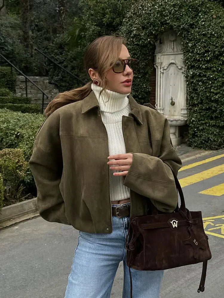 HH Women's Street Fashion Solid Loose Suede Texture Coats Causal Long Bat Sleeves Lapel Zipper Fly Winter Vintage Jackets