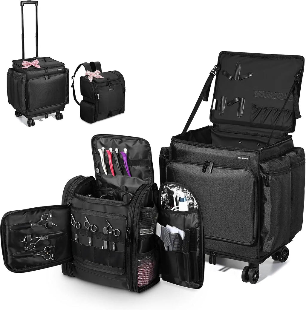Soft Sided Rolling Makeup Train Case Travel Backpack For Hair Stylist Tools Curling Iron Straightener Salon Barber Shop, Black