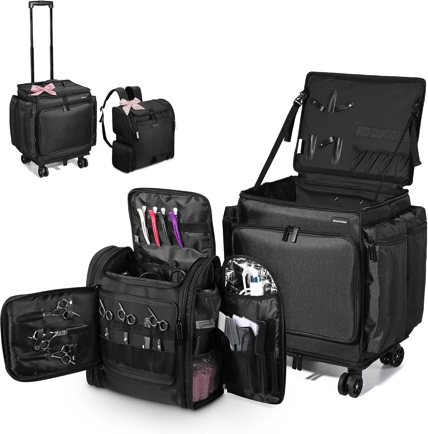 Soft Sided Rolling Makeup Train Case Travel Backpack For Hair Stylist Tools Curling Iron Straightener Salon Barber Shop, Black