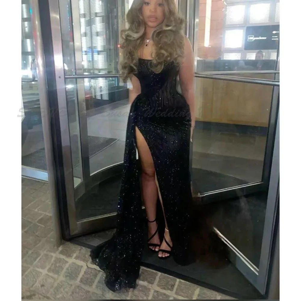 Simple Black Prom Dresses Women Strapless Sleeveless Trumpet Vent Perspective High Quality Floor Length Classic Female Gowns