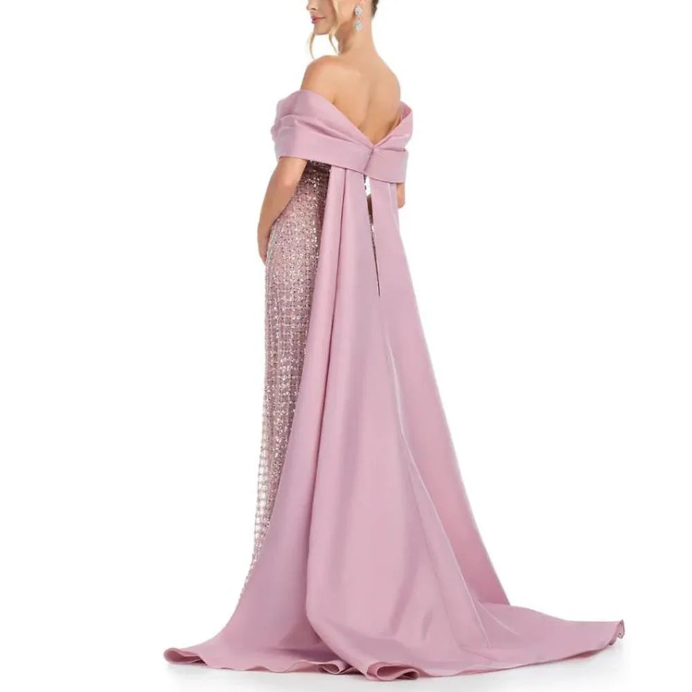 Customized Glitter Evening Dresses Off the Shoulder Train Special Occasion Dress for Women Pleated Mermaid Arabic Dubai Gown