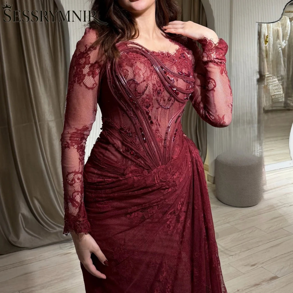 SESSRYMNIR Women'S Formal Evening Gowns Cusatomize Square Neck A-Line Burgundy Evening Dresses Floor-Length Lace Vestidos De Fie