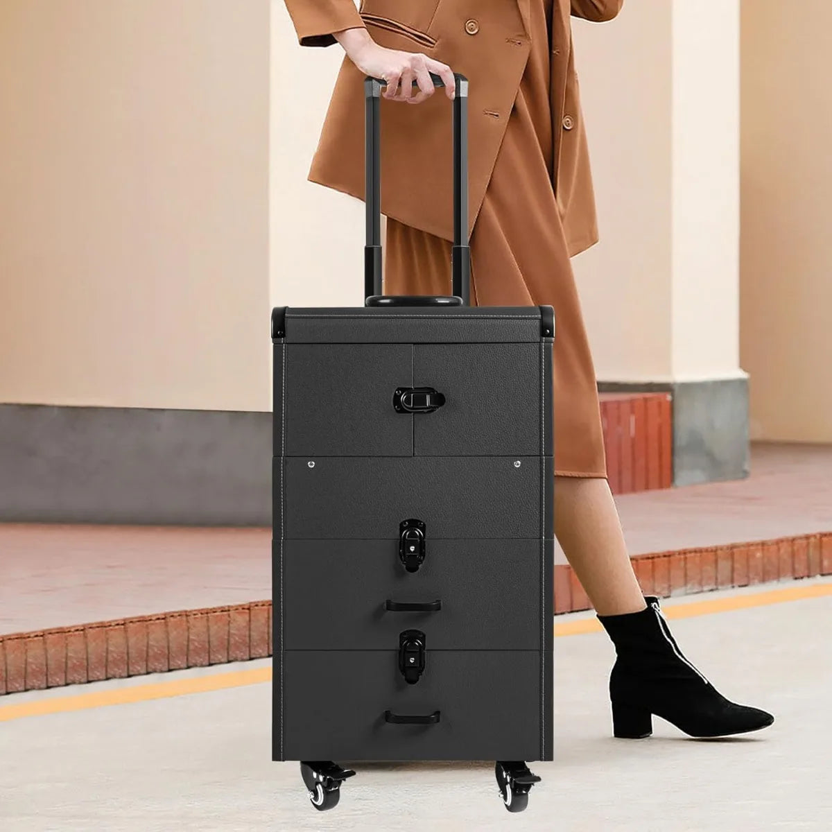 Professional Rolling Makeup Case, Large Capacity Cosmetic Train Case with Wheels & Pull Handle, Mobile Storage Box for Salon