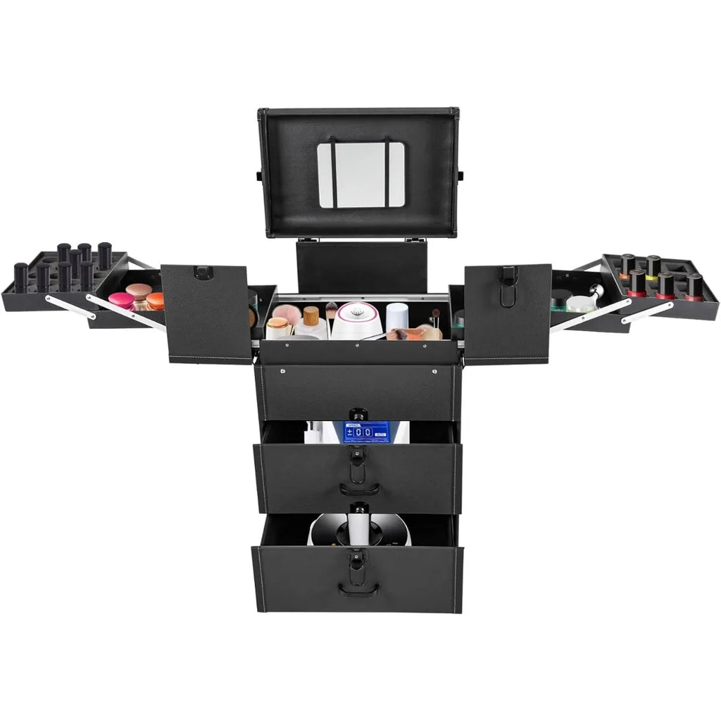 Professional Rolling Makeup Case, Large Capacity Cosmetic Train Case with Wheels & Pull Handle, Mobile Storage Box for Salon