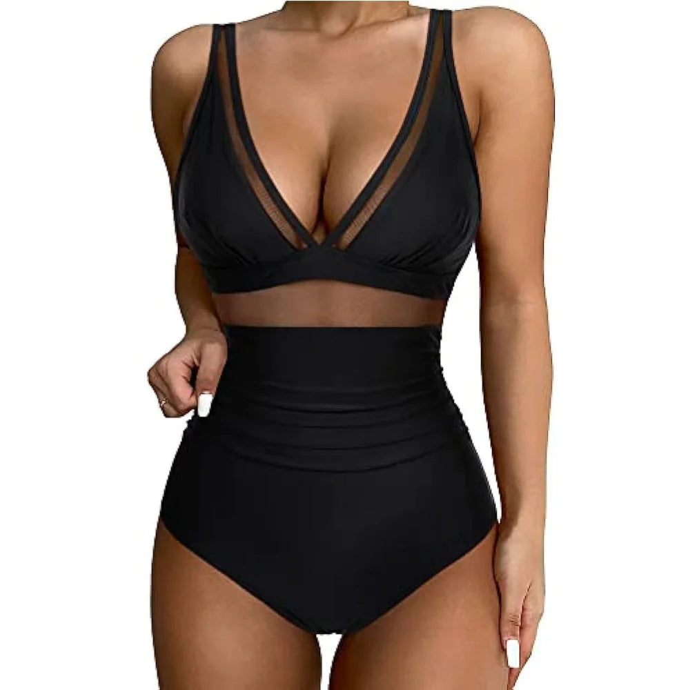 Women Deep V Mesh Cutout One Piece Swimsuit High Waist Ruched Tummy Control Bathing Suit Solid Leopard Print Swimwear Beach Pool