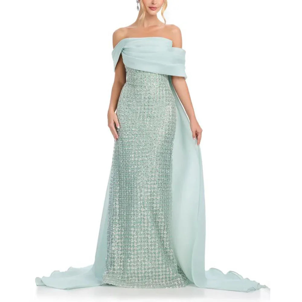 Customized Glitter Evening Dresses Off the Shoulder Train Special Occasion Dress for Women Pleated Mermaid Arabic Dubai Gown
