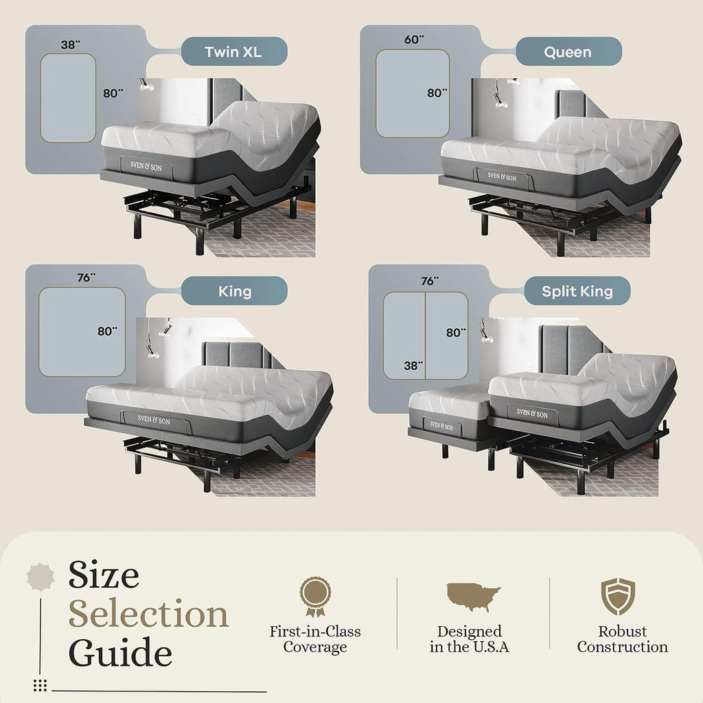 Sven & Son Queen Adjustable Bed Base with Massage, USB, Under-Bed Lights & 10 Inch Firm Gel Memory Foam Mattress - Ultimate Comfort & Support