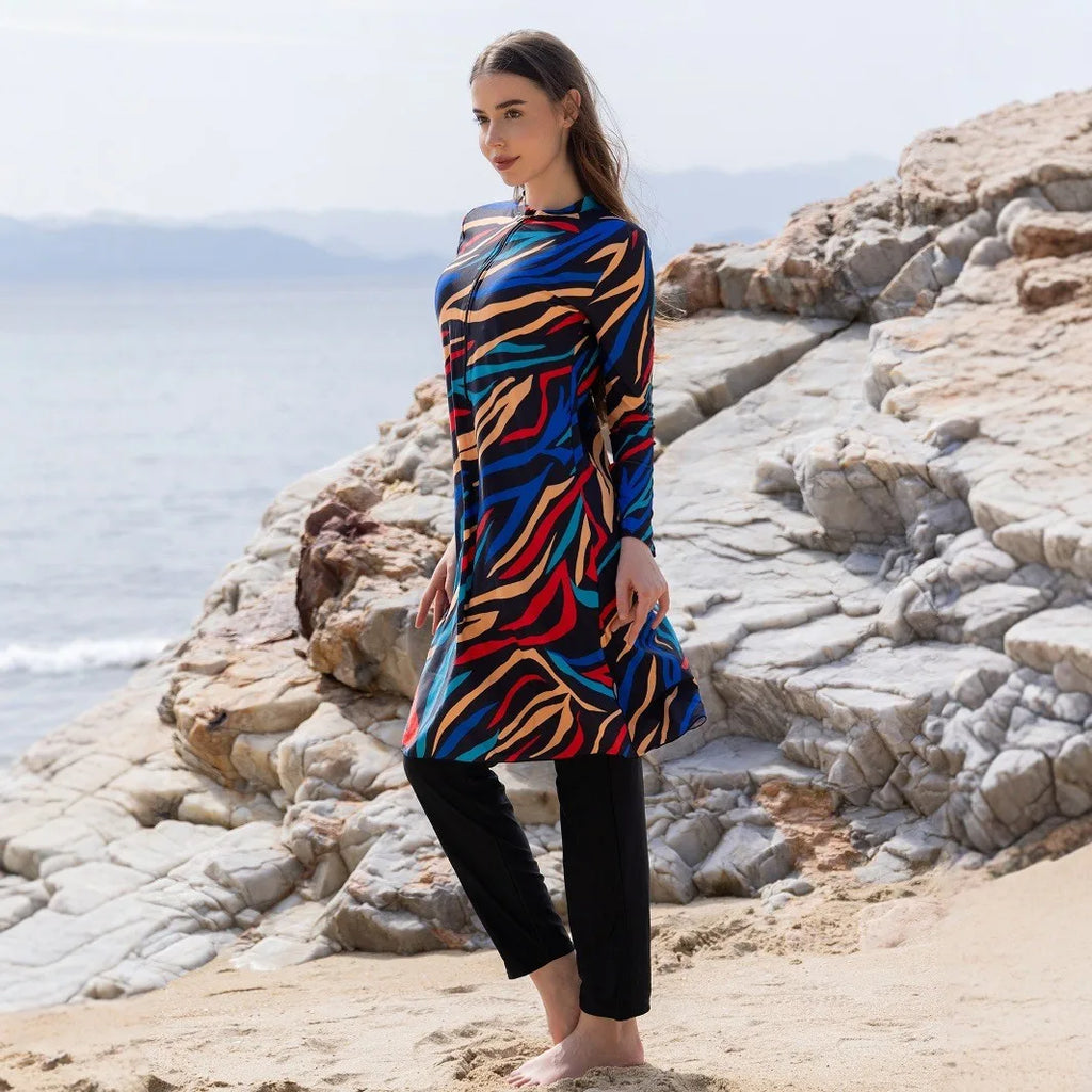 Long Sleeve Swimsuit High Neck Front Zipper Swimwear A Line Abstract Print Maxi Length Multicolor Black Base Modest Bathing Suit