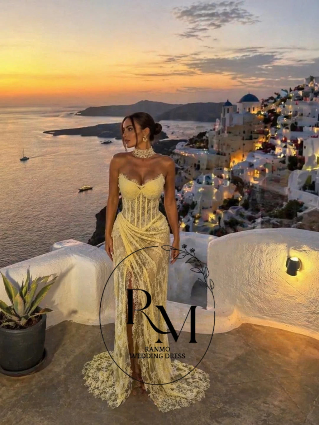 Ranmo Sexy Lace Evening Dresses Mermaid Women Yellow Sweethear Side Split Formal Prom Gowns Party Vestidos De Novia Customized