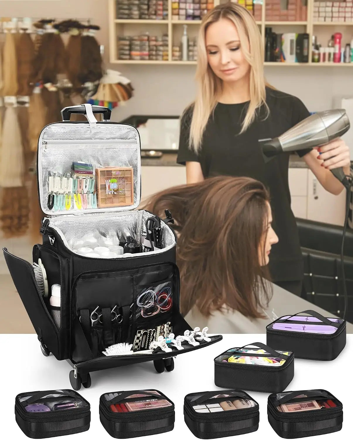 Rolling Makeup Case Hair Tools Travel Bag Cosmetology Case on Wheels with 6 Clear Bags, Professional Hairstylist