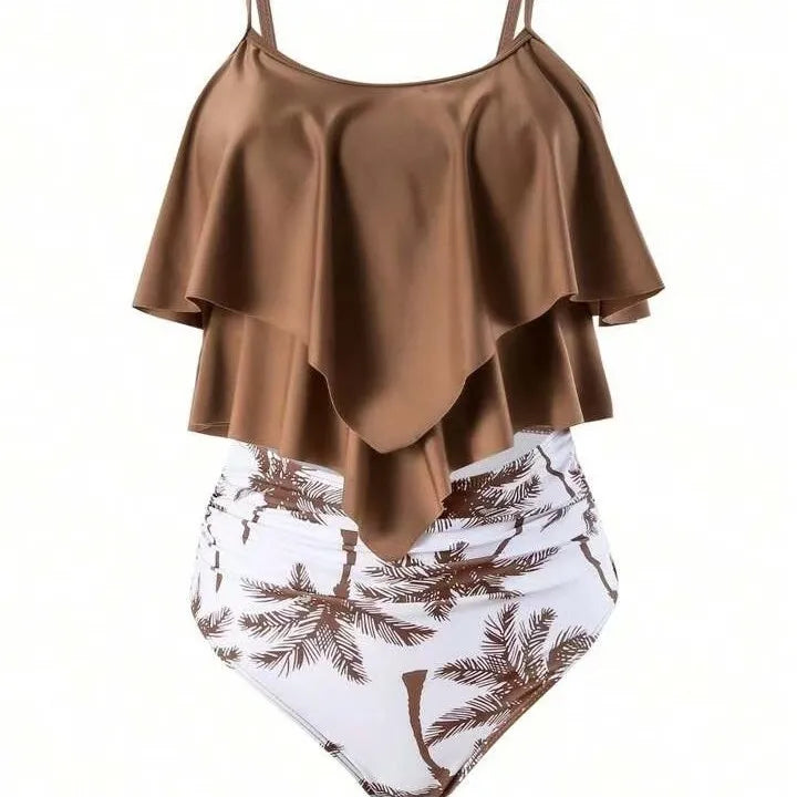 Women Bikini Ruffle Top High Waist Bottom Palm Print Bikinis Sleeveless Cropped Top Two Piece Swimsuit Tankini Women's Swimwear