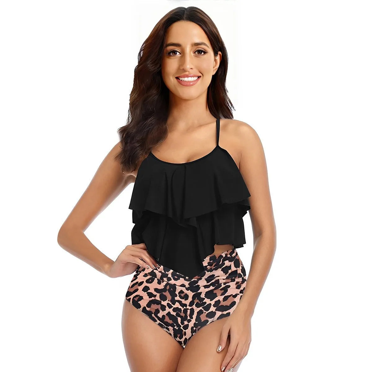 Women Bikini Ruffle Top High Waist Bottom Palm Print Bikinis Sleeveless Cropped Top Two Piece Swimsuit Tankini Women's Swimwear