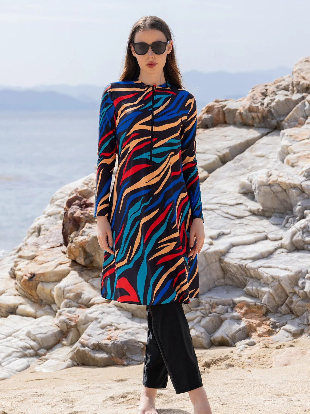 Long Sleeve Swimsuit High Neck Front Zipper Swimwear A Line Abstract Print Maxi Length Multicolor Black Base Modest Bathing Suit