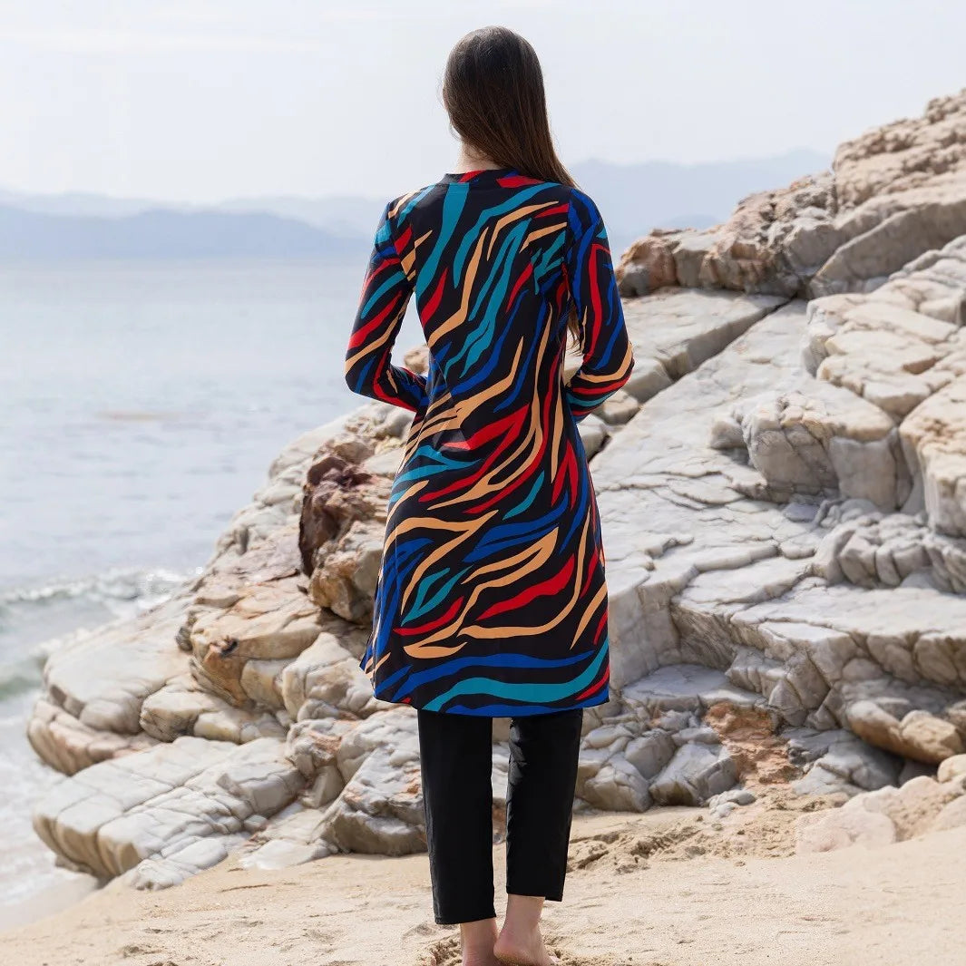 Long Sleeve Swimsuit High Neck Front Zipper Swimwear A Line Abstract Print Maxi Length Multicolor Black Base Modest Bathing Suit