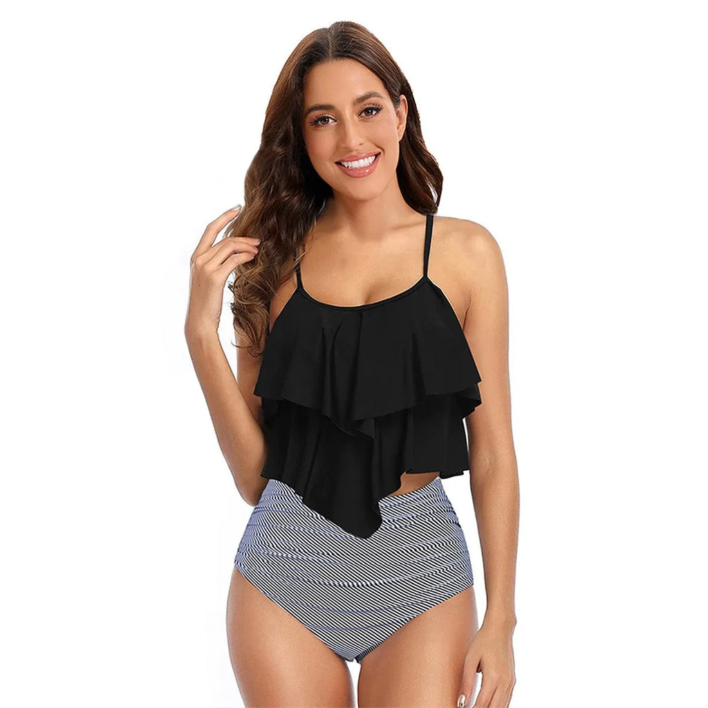 Women Bikini Ruffle Top High Waist Bottom Palm Print Bikinis Sleeveless Cropped Top Two Piece Swimsuit Tankini Women's Swimwear
