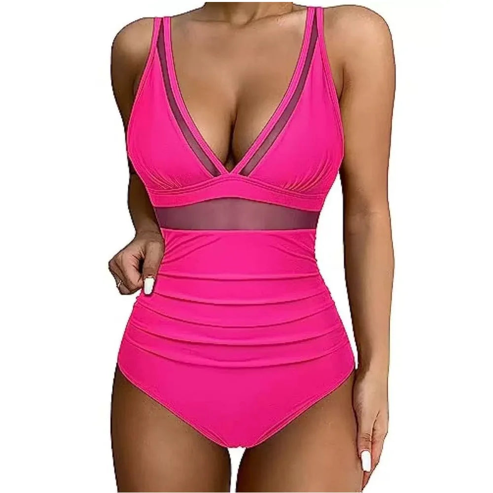 Women Deep V Mesh Cutout One Piece Swimsuit High Waist Ruched Tummy Control Bathing Suit Solid Leopard Print Swimwear Beach Pool