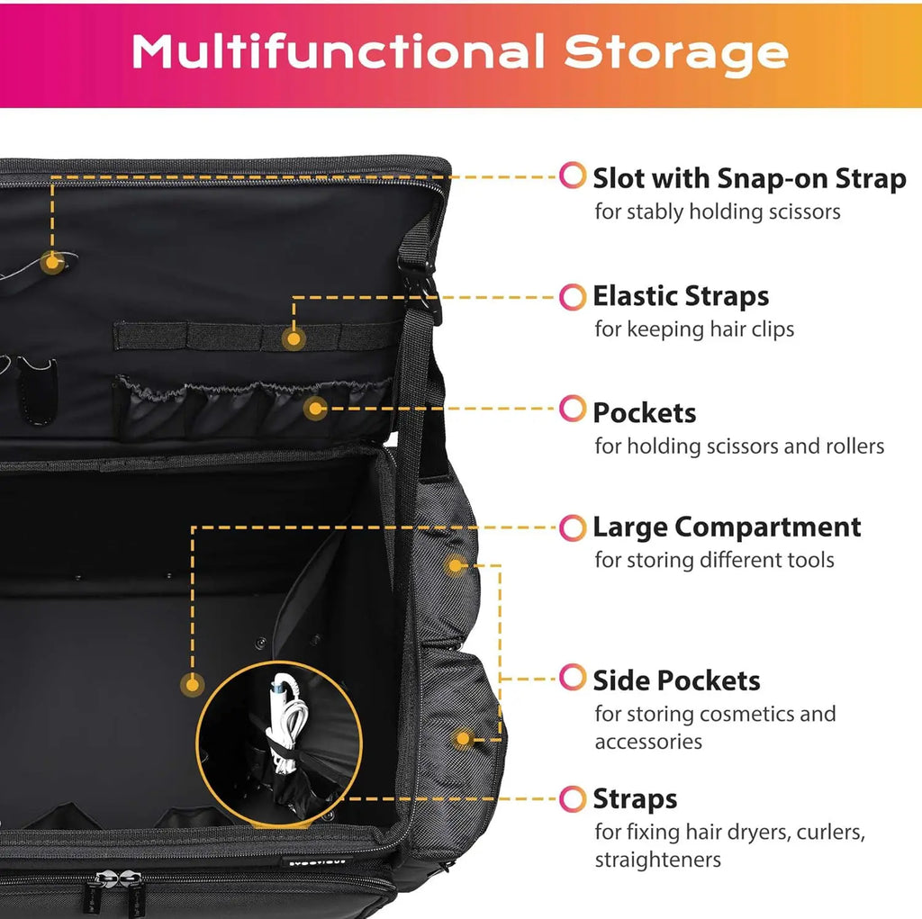 Soft Sided Rolling Makeup Train Case Travel Backpack For Hair Stylist Tools Curling Iron Straightener Salon Barber Shop, Black
