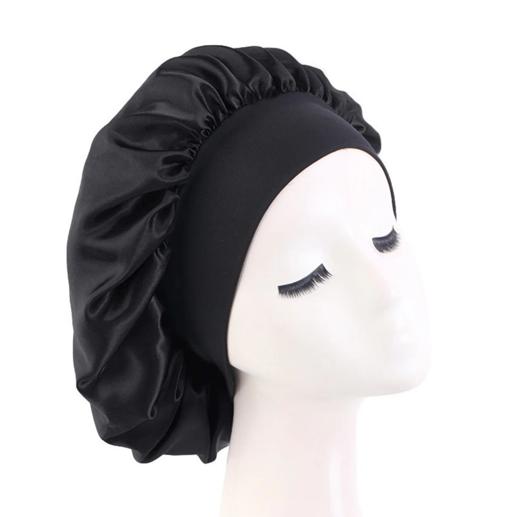 Women's Satin Solid Bonnets Wide-brimmed Night Sleeping Bathing Hat Unisex Head Wrap Elastic Band Cap Hair Care Bonnet