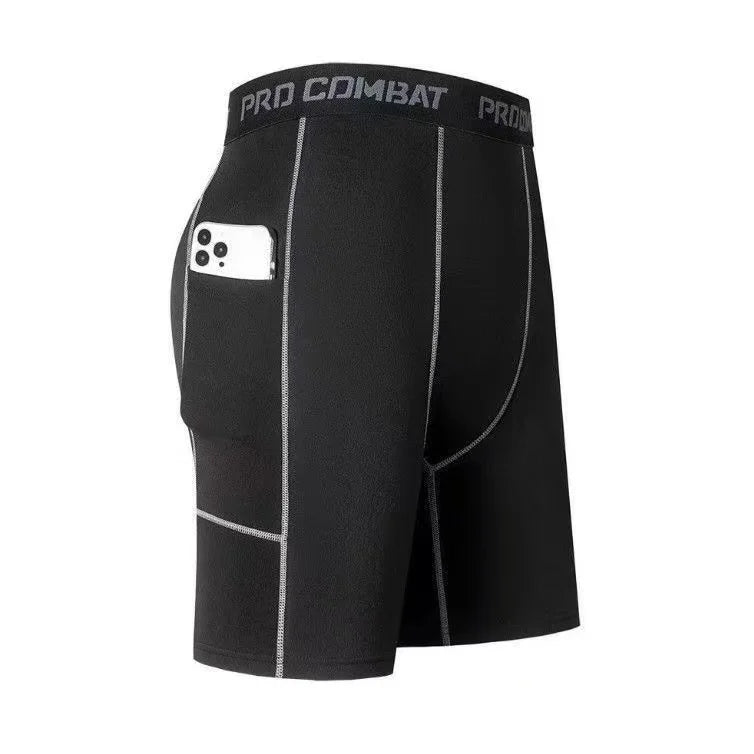 Mens Gym Shorts with Pockets Workout Compression Leggings for Men Polyester Boxer Briefs Running Basketball Athletic Tights