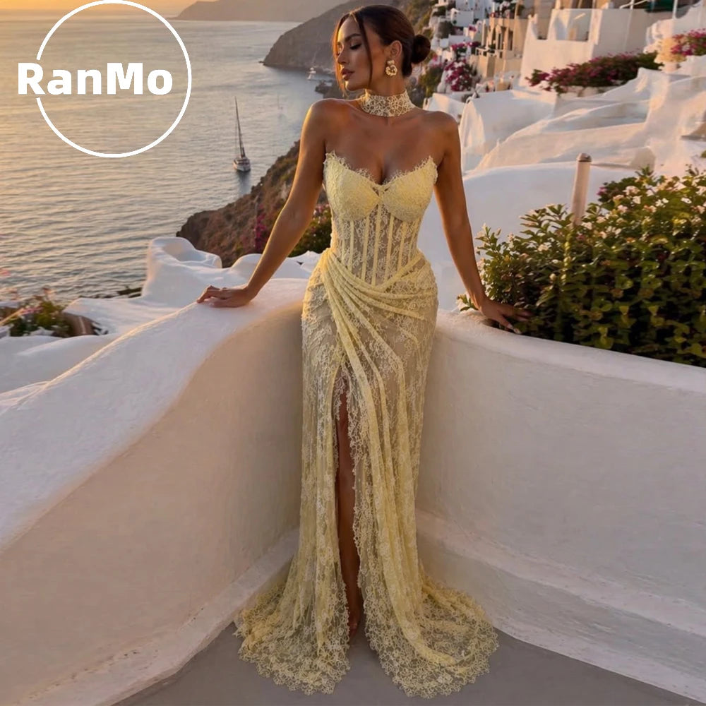 Ranmo Sexy Lace Evening Dresses Mermaid Women Yellow Sweethear Side Split Formal Prom Gowns Party Vestidos De Novia Customized