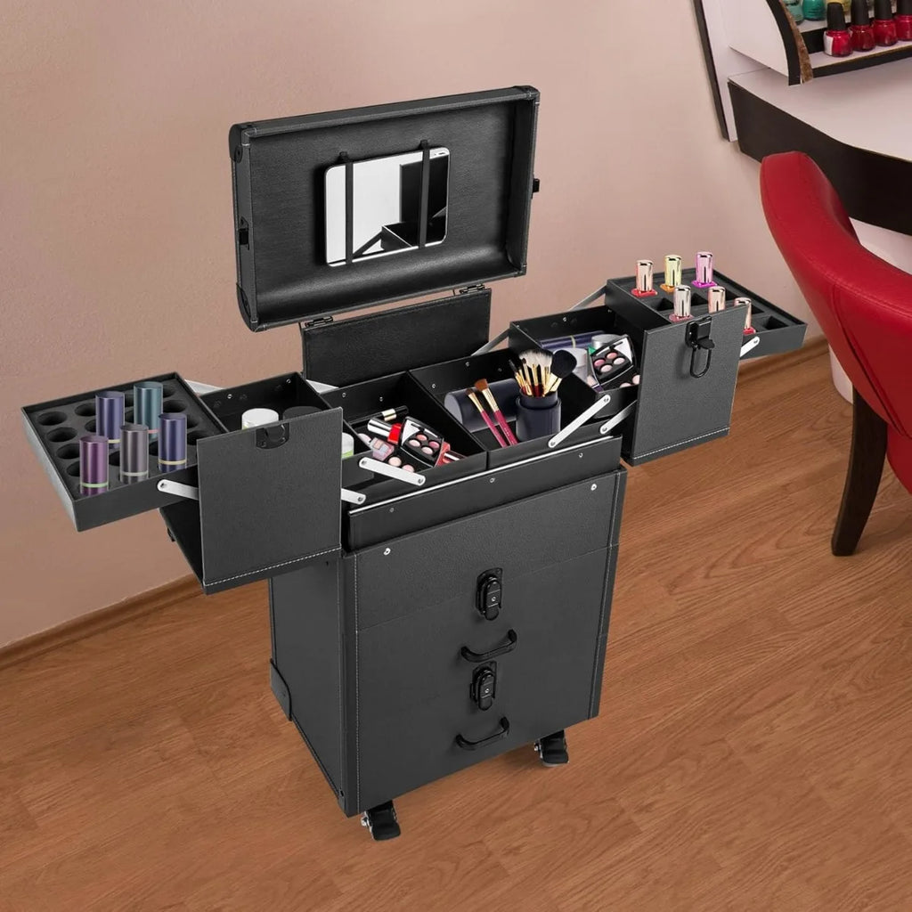 Professional Rolling Makeup Case, Large Capacity Cosmetic Train Case with Wheels & Pull Handle, Mobile Storage Box for Salon