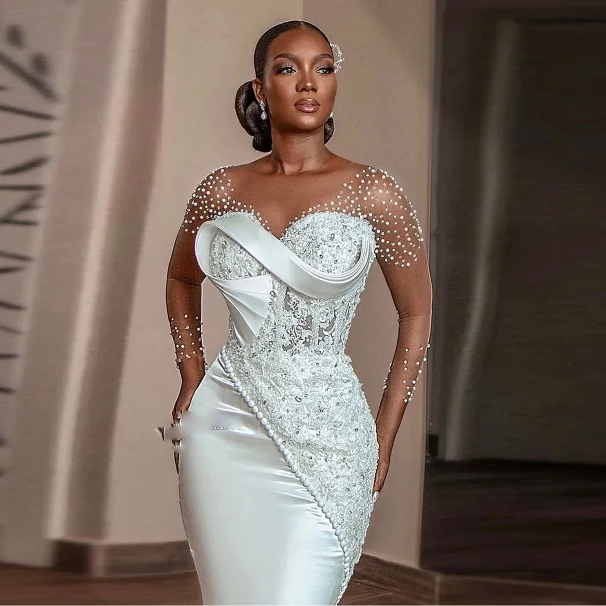 Elegant African Women's Mermaid Wedding Dress Phantom Long Sleeve beadwork Bridal Dress Plus Size Wedding Dress Customization
