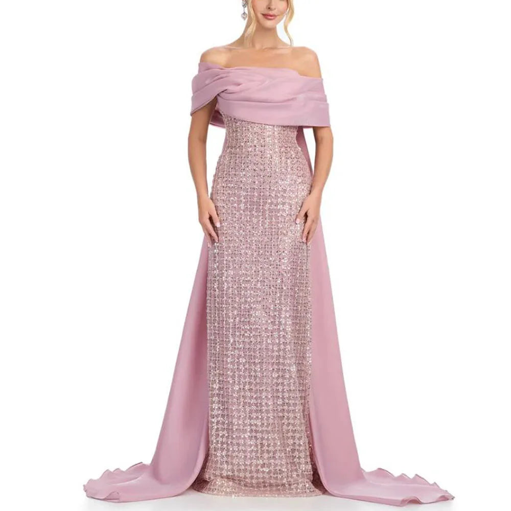 Customized Glitter Evening Dresses Off the Shoulder Train Special Occasion Dress for Women Pleated Mermaid Arabic Dubai Gown