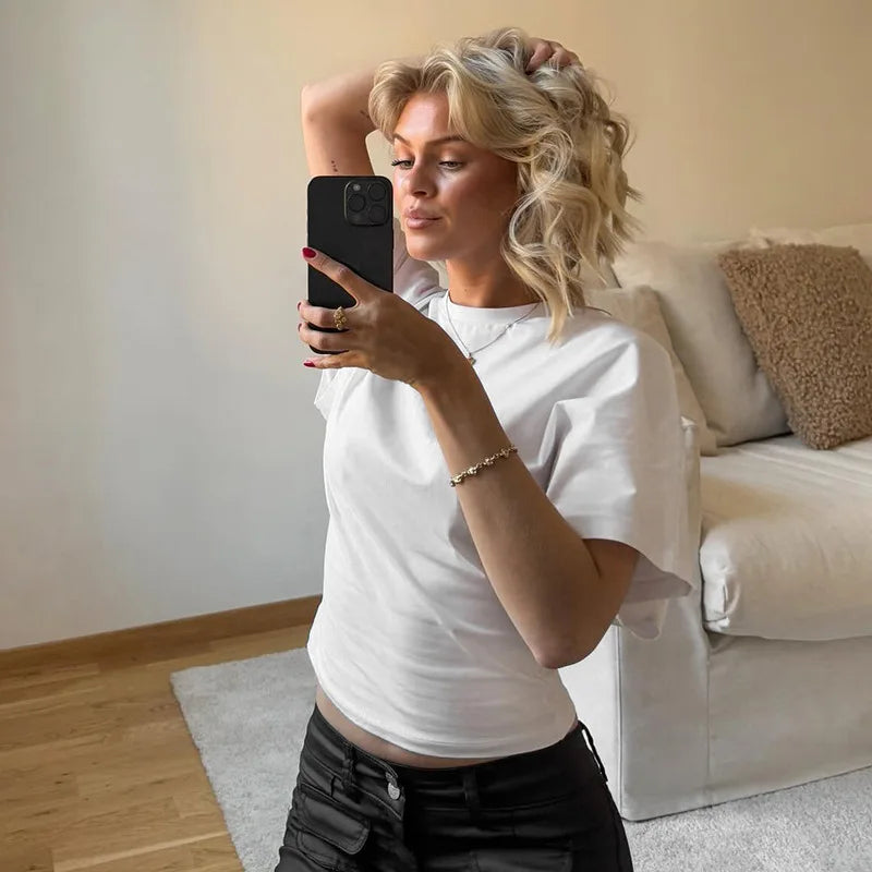 Fashion Casual Solid Gray Cropped T-shirt 2025 Woman Clothes O-neck Corset Tops Streetwear Girls Spring Summer Short Tee Shirts