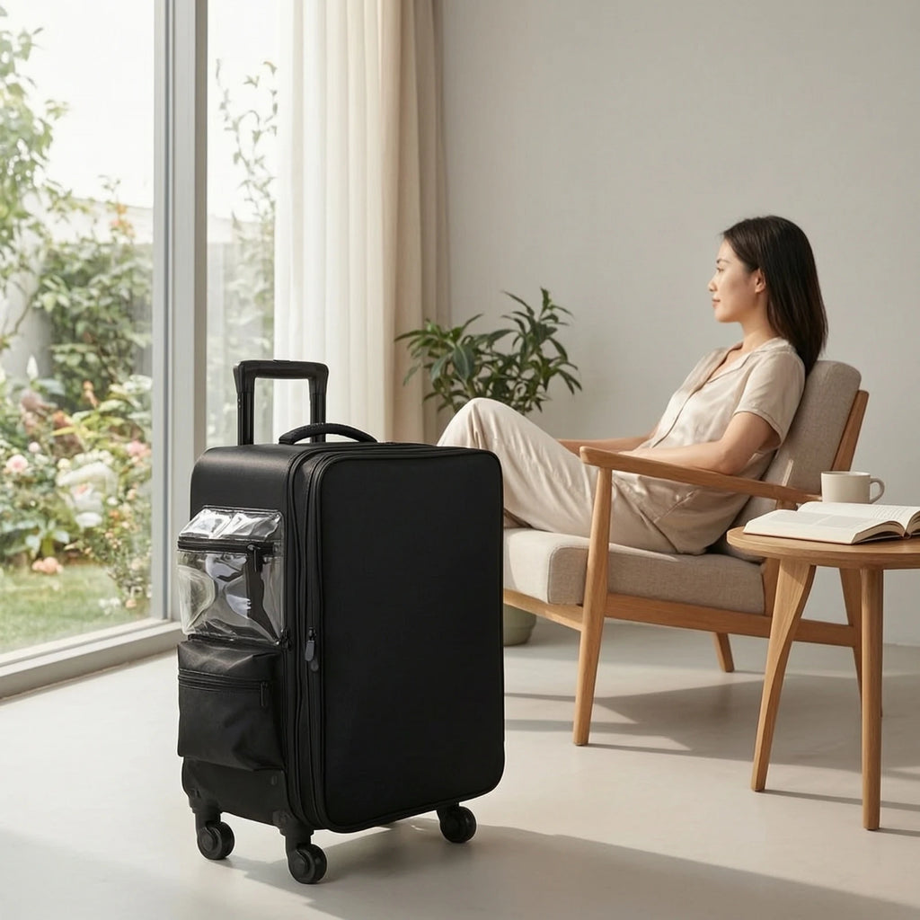 Makeup Case with Rotating Wheels Wheeled Resekosmetikväska Rolling Organizer with Dividers Telescoping Rolling Makeup Case