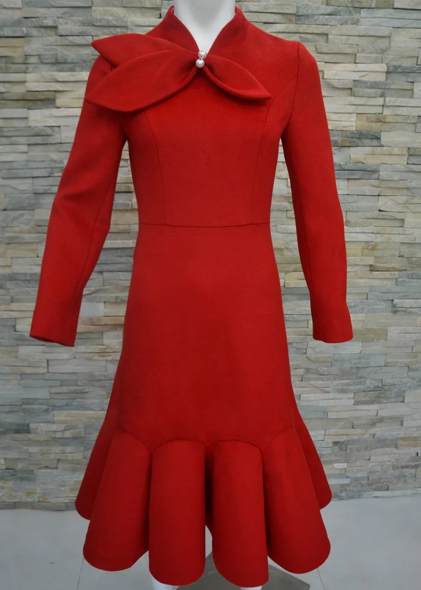 tailor shop light red wool dress Retro Slim  female light luxury dress Semi-Formal Dresses