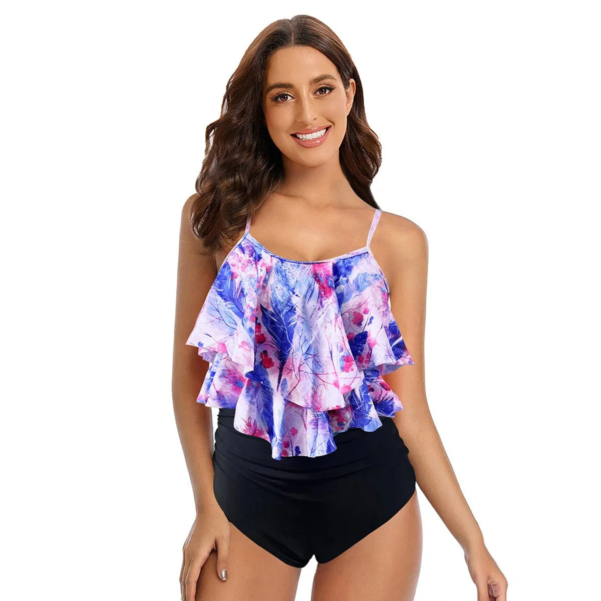 Women Bikini Ruffle Top High Waist Bottom Palm Print Bikinis Sleeveless Cropped Top Two Piece Swimsuit Tankini Women's Swimwear