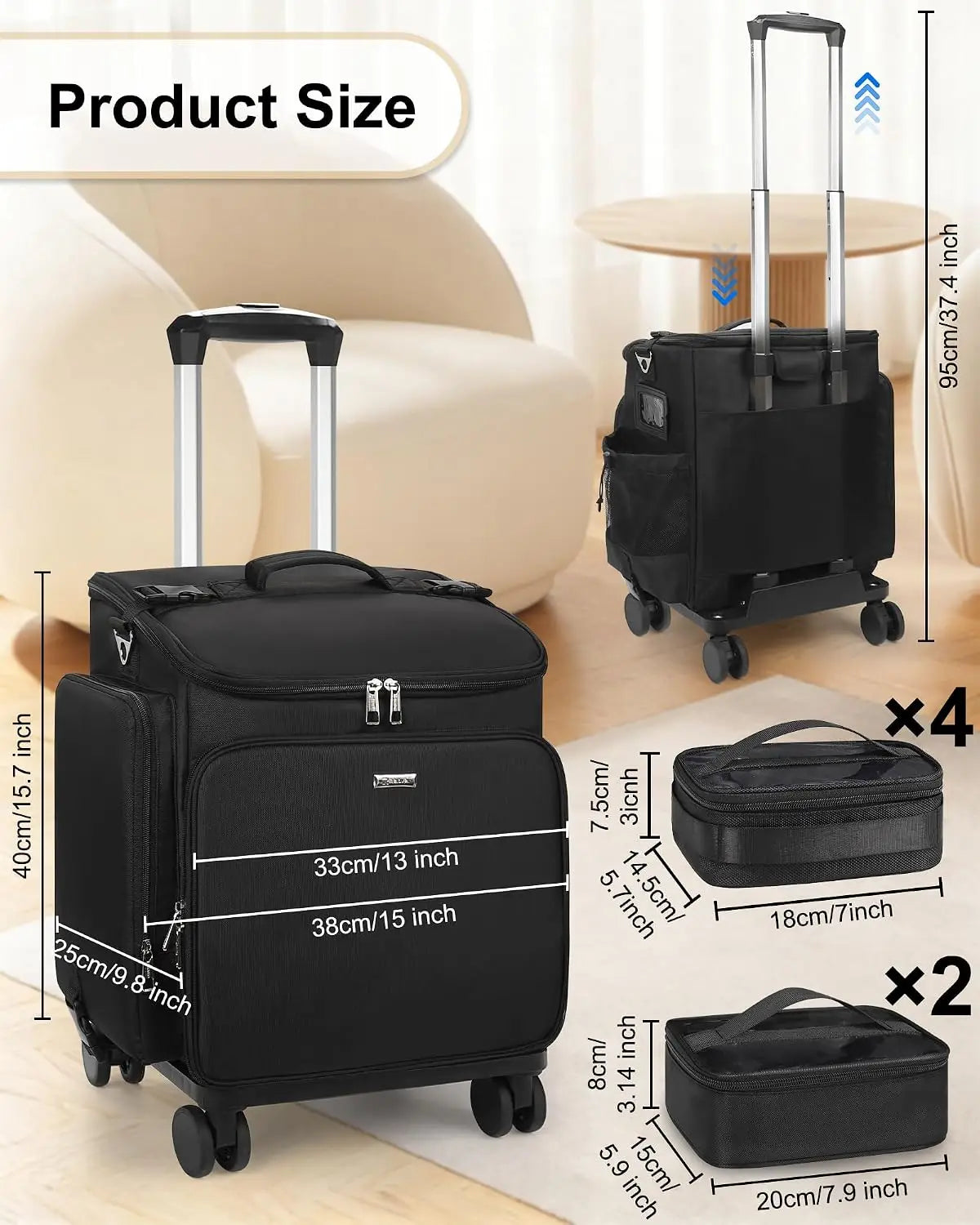 Rolling Makeup Case Hair Tools Travel Bag Cosmetology Case on Wheels with 6 Clear Bags, Professional Hairstylist