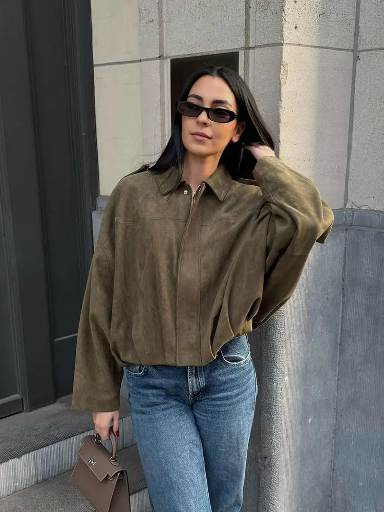 HH Women's Street Fashion Solid Loose Suede Texture Coats Causal Long Bat Sleeves Lapel Zipper Fly Winter Vintage Jackets