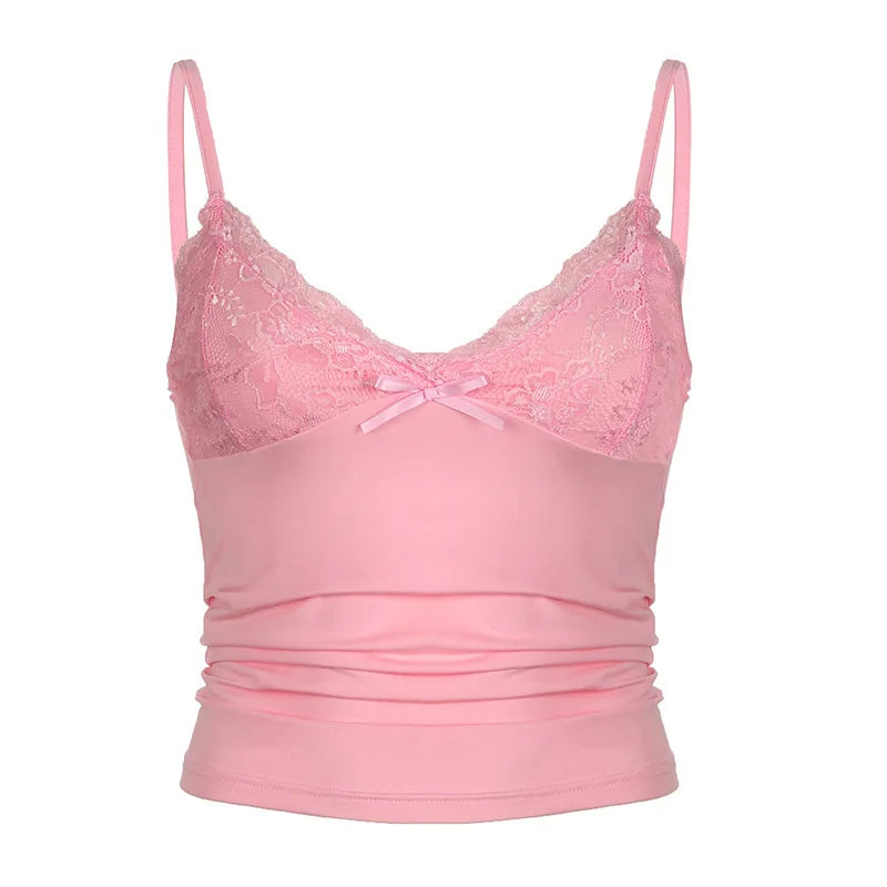 Sexy Contrast Lace Bow Front Crop Cami Top Women 2026 Summer Grunge Punk Y2K Clothes Ruched Skinny Backless Tee Shirt