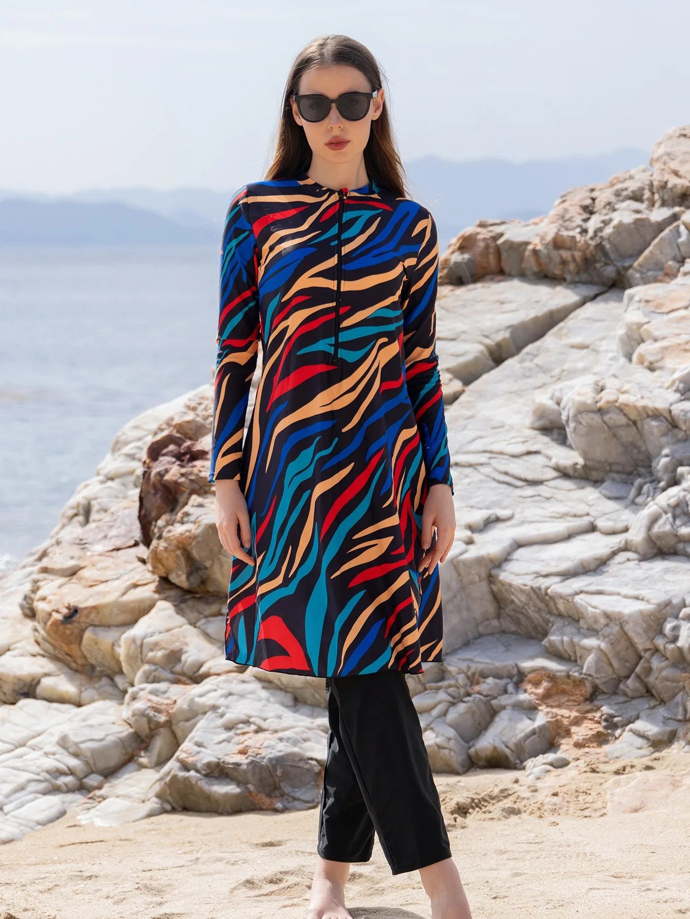Long Sleeve Swimsuit High Neck Front Zipper Swimwear A Line Abstract Print Maxi Length Multicolor Black Base Modest Bathing Suit