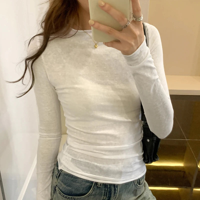 Spring Autumn T shirt Women Tops Solid Slim Fit Long Sleeve O Neck Tshirts Female Casual Streetwear High Quality Base Tees