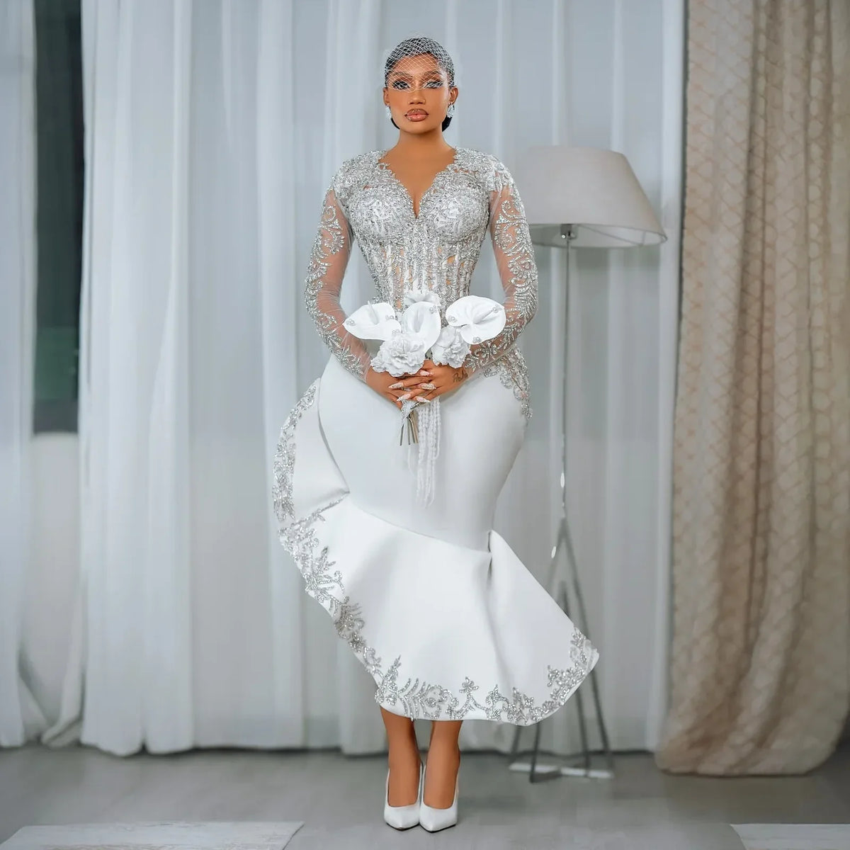 Customized African Long Sleeve Bride Dress Lace Beaded Mermaid Wedding Dress Black Women's Birthday Party Dress Size Up
