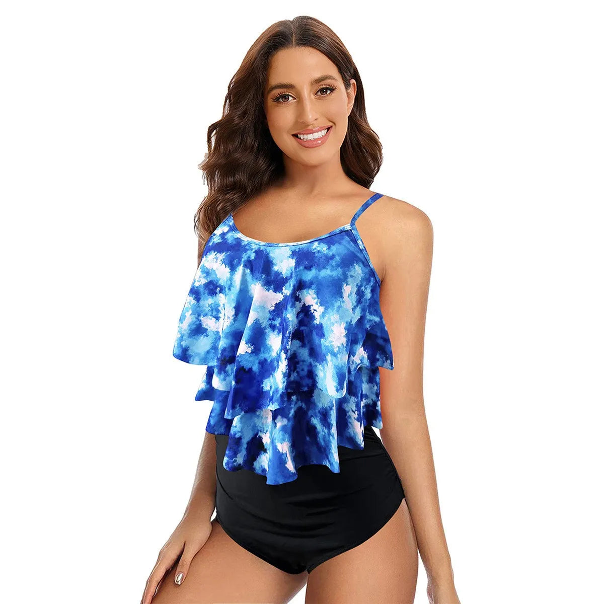 Women Bikini Ruffle Top High Waist Bottom Palm Print Bikinis Sleeveless Cropped Top Two Piece Swimsuit Tankini Women's Swimwear