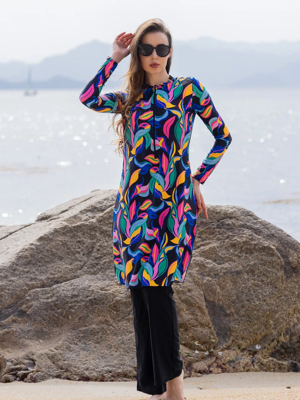 Long Sleeve Swimsuit High Neck Front Zipper Swimwear A Line Abstract Print Maxi Length Multicolor Black Base Modest Bathing Suit