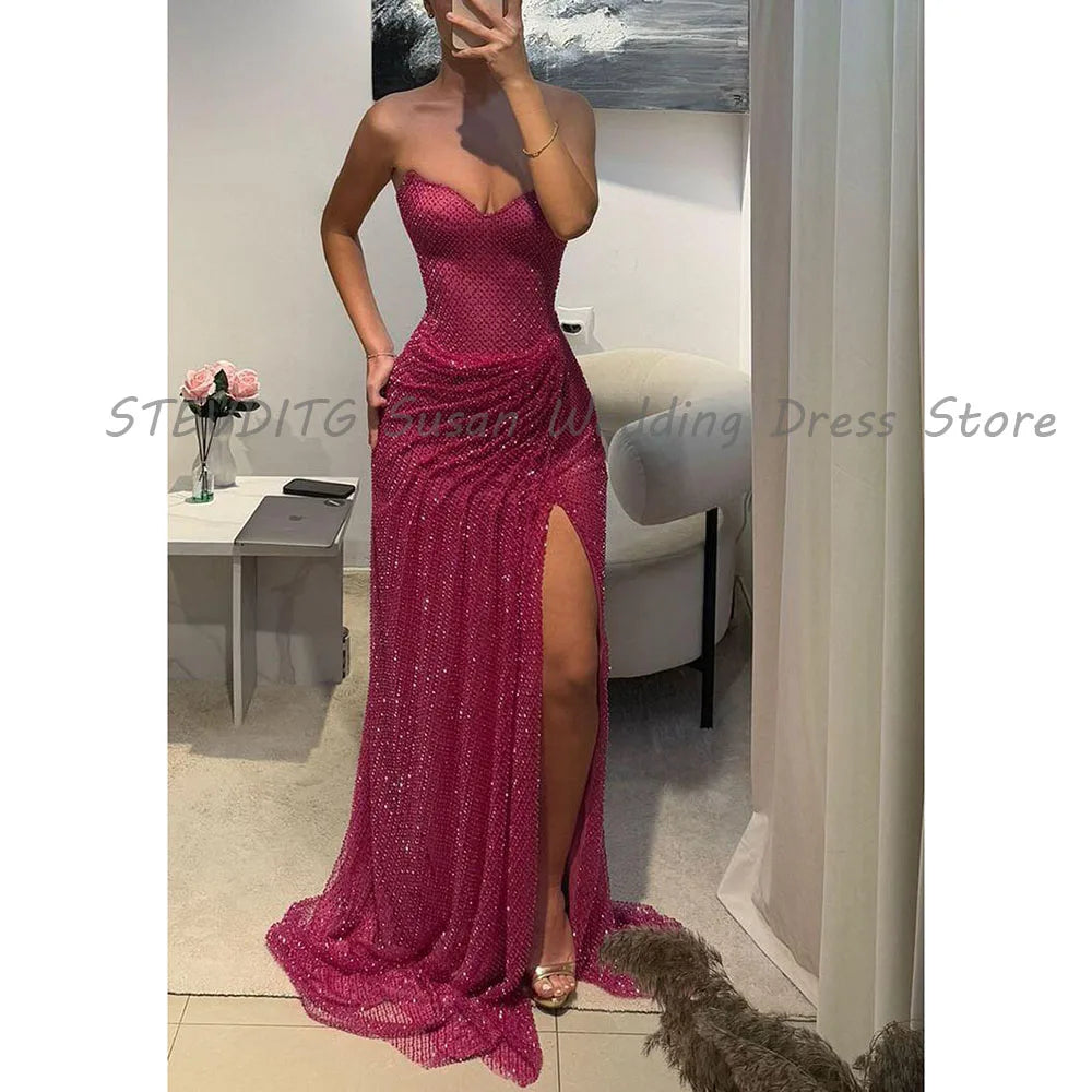 Exquisite Evening Dresses Women Vent Strapless Sleeveless High Quality Floor Lengh Prom Party Female Gowns Sweep Train Classic
