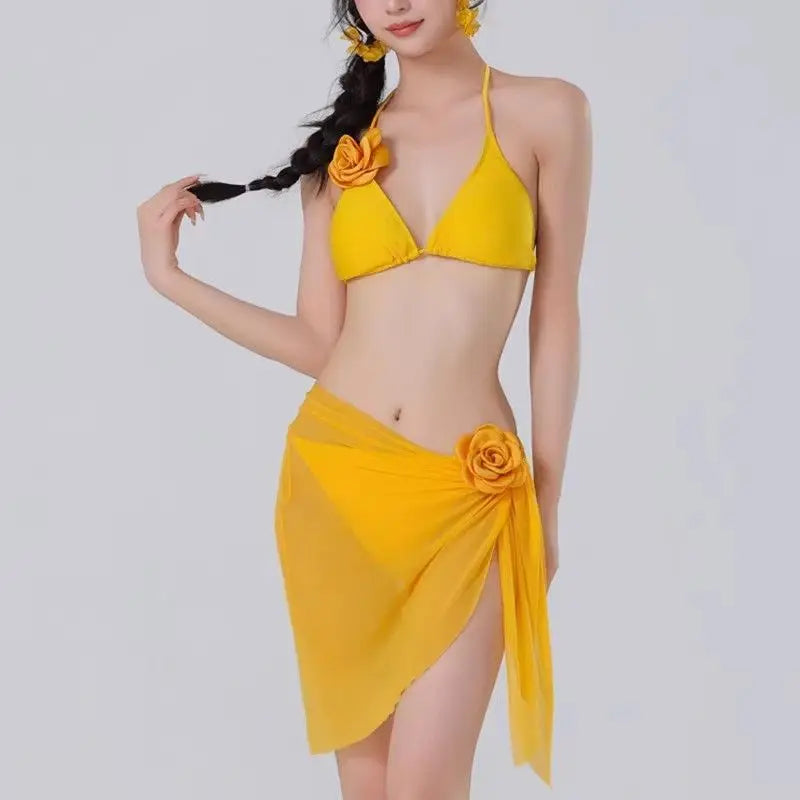 2026 New Women's Thai Style Yellow Floral 3 Piece Swimsuit Set Sexy High Waisted Bikini Luxury Resort Wear Beach Outfit