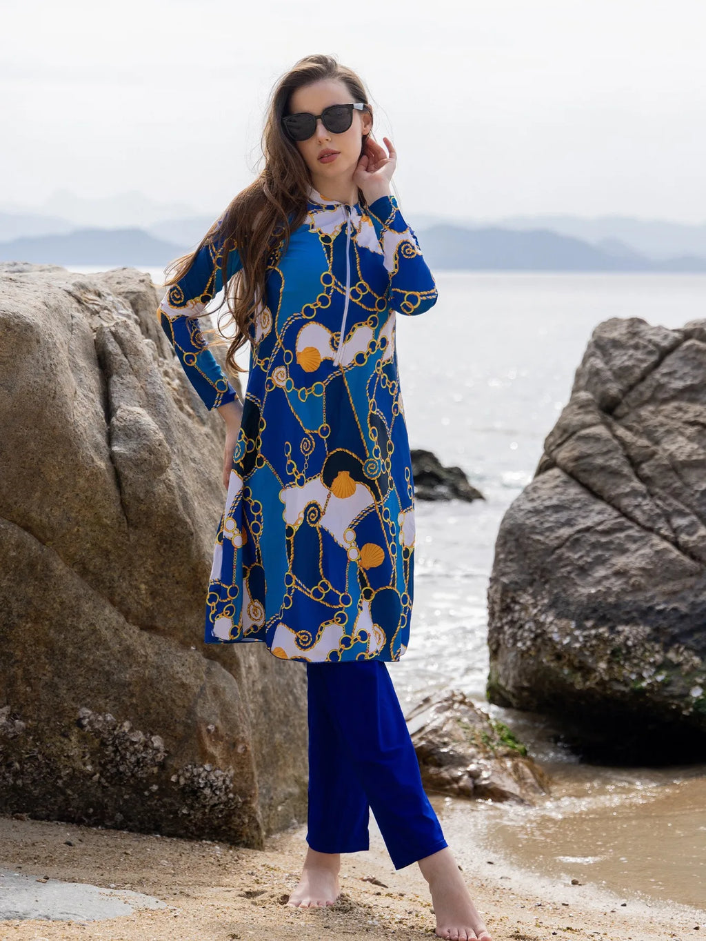 Long Sleeve Swimsuit High Neck Front Zipper Swimwear A Line Abstract Print Maxi Length Multicolor Black Base Modest Bathing Suit