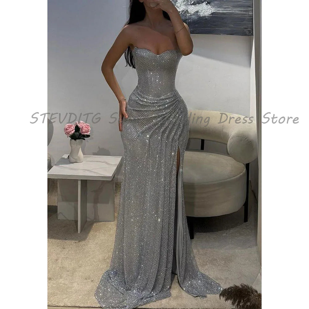 Exquisite Evening Dresses Women Vent Strapless Sleeveless High Quality Floor Lengh Prom Party Female Gowns Sweep Train Classic