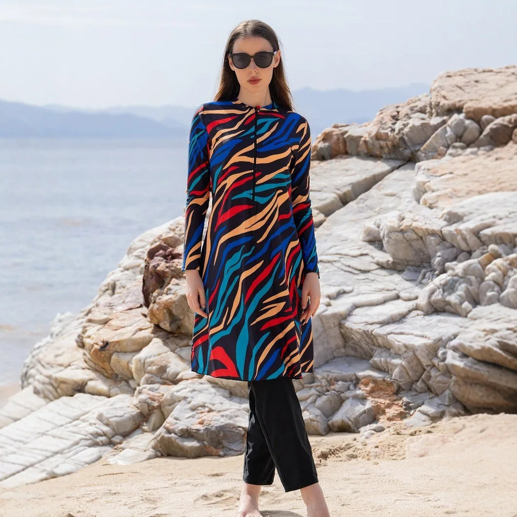 Long Sleeve Swimsuit High Neck Front Zipper Swimwear A Line Abstract Print Maxi Length Multicolor Black Base Modest Bathing Suit