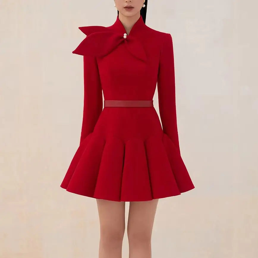 tailor shop light red wool dress Retro Slim  female light luxury dress Semi-Formal Dresses