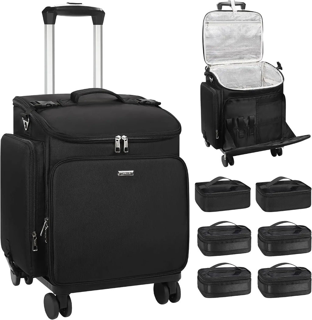 Rolling Makeup Case Hair Tools Travel Bag Cosmetology Case on Wheels with 6 Clear Bags, Professional Hairstylist
