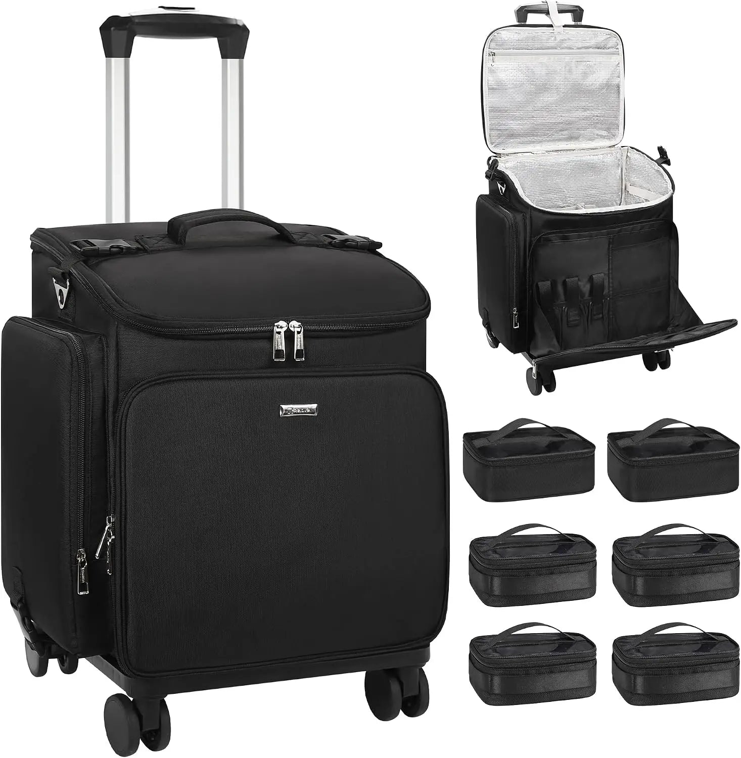 Rolling Makeup Case Hair Tools Travel Bag Cosmetology Case on Wheels with 6 Clear Bags, Professional Hairstylist