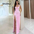 Ranmo Luxurious women's Pink Halter Sweetheart Collar Evening Dress 2026 A-line Side High Slit Pleat Lace Design Customized
